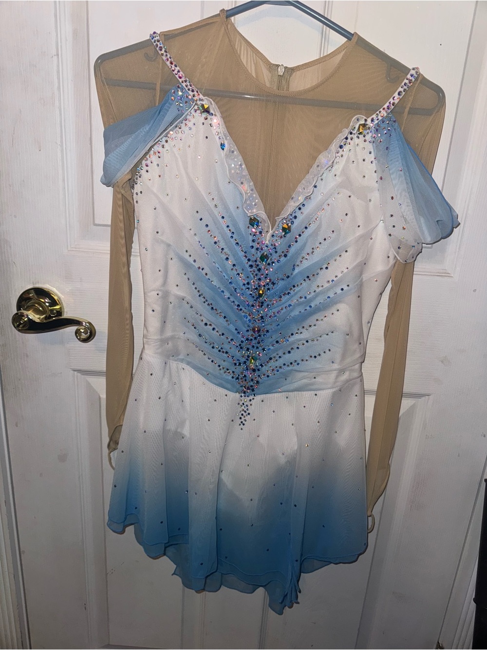 Women's One-Shoulder Ice Blue Ombre Performance Dress with Rhinestones